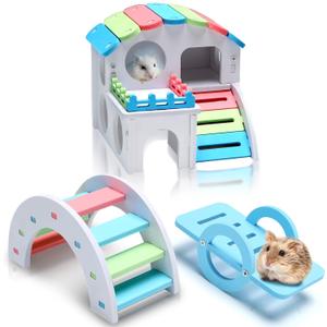 3 Pieces Fun Hamster Toys Guinea Pig Hideout Include PVC Hamster House, Rainbow Bridge, Seesaw Toy DIY Exercise Play Toys for Rats Mouse Small Animals(Small,Rainbow Color)