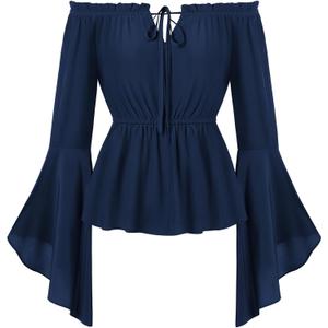 SCARLET DARKNESS Renaissance Shirt Women Peasant Blouse Bell Sleeve Off Shoulder Tops Pirate Costume, XL