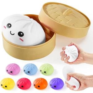 Dumpling Squishy, Mystery Squishy Dumpling Box, Soft Squeeze Dough Ball for Stress Relief, Stretchy Bun with Mini Food Steamer Desk Fidget Toy for Adults Office Home (White)