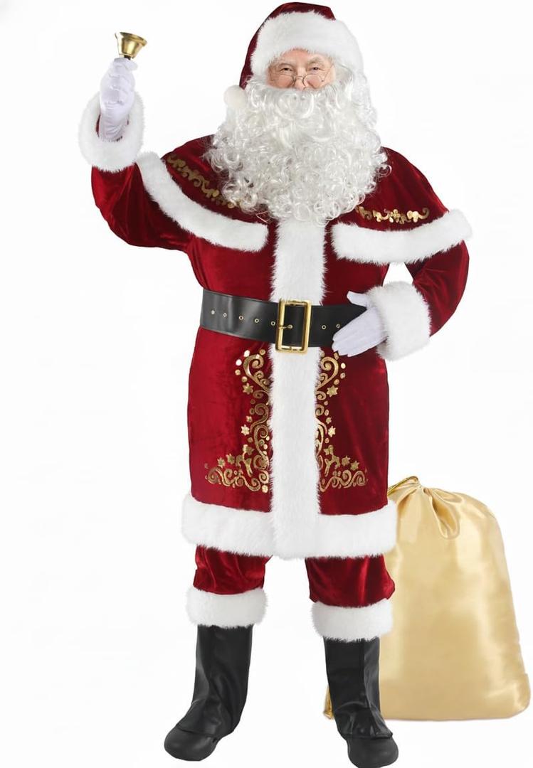 Santa Claus Costume for Men Santa Suit Adults 12pcs Mens Deluxe Professional Christmas Clause Outfit Xmas Suits Adult, Medium