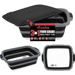 2-Pack XL Collapsible BBQ Prep Tub with Lid (4.22 Gal / 16L) - Built-In Cutting Board & Strainer, Large Meat Marinade Container, Camping Sink & Food Storage Bin for Grilling, Outdoor Cooking - Black
