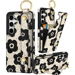 Petitian for Samsung Galaxy S25/S24 Case with Wallet - Women Girls Cute Girly Aesthetic Unique Design with Leather Credit Card Holder Cardholder Stand Wristband, Black Flower