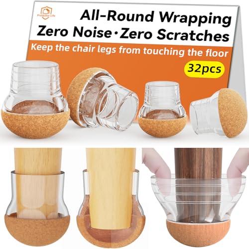 32pcs Chair Leg Floor Protectors for Hardwood Floor |Protect Wood Tile Floors Chair Leg Caps with Wrapped Felt Pads| Anti-Scratch Reduce Noise | Fit Angled Chair Legs| Clear Round L Fit:1.05"-1.25"