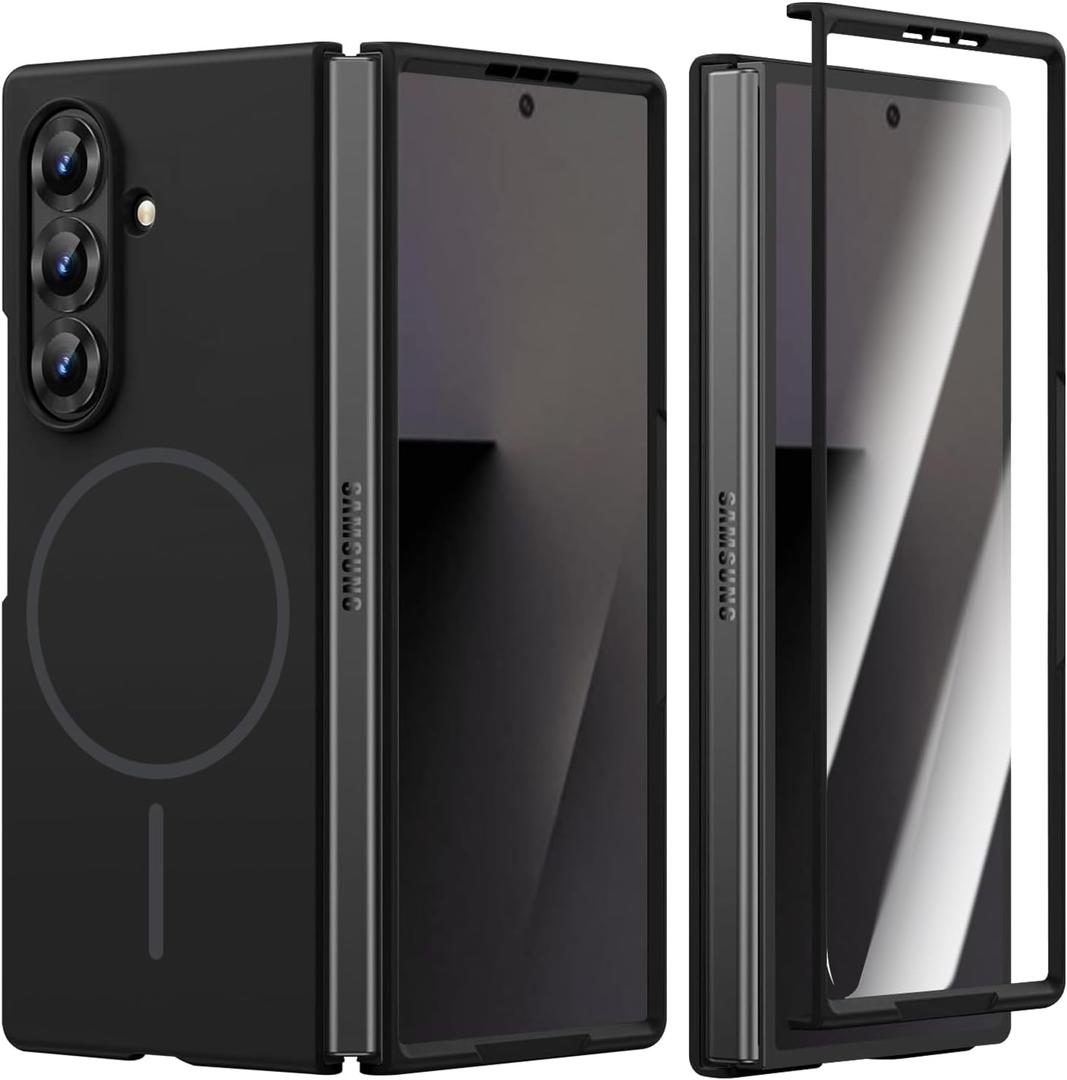Magnetic Cases for Samsung Galaxy Z Fold 7 Case, Built-in HD Screen Protector Compatible with Mag-Safe Wireless Charging Matte Slim Full-Body Shockproof Protective Cover for Samsung Z Fold 7 (Black)