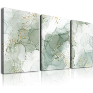 Green Wall Art Set of 3,Abstract Sage Green Wall Decor Living Room, Gold Green Beige Marble Large Framed Canvas Wall Art Mid Century Modern Art Pictures, Boho Green Aesthetic Wall Decor Bedroom Bathroom Office,16x24inch