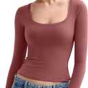 PUMIEY Women's Long Sleeve T Shirts Scoop Neck Slim Fit Going Out Tops Double Lined Basic Tee Smoke Cloud Collection (L)