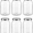 novelinks 32 oz Clear Plastic Jars with Lids, 6 Pack Large Plastic Mason Jars with Lids 32oz, Reusable Quart Containers for Kitchen Organization (6 Pack,Silver)