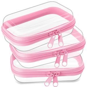 Hoolerry 3 Pcs Clear Hard Zipper Case Plastic Pouch Transparent Hard Case Clear Makeup Bag Portable Travel Organizer Bin for Cosmetics, Building Blocks, Puzzles(Pink,Xs)