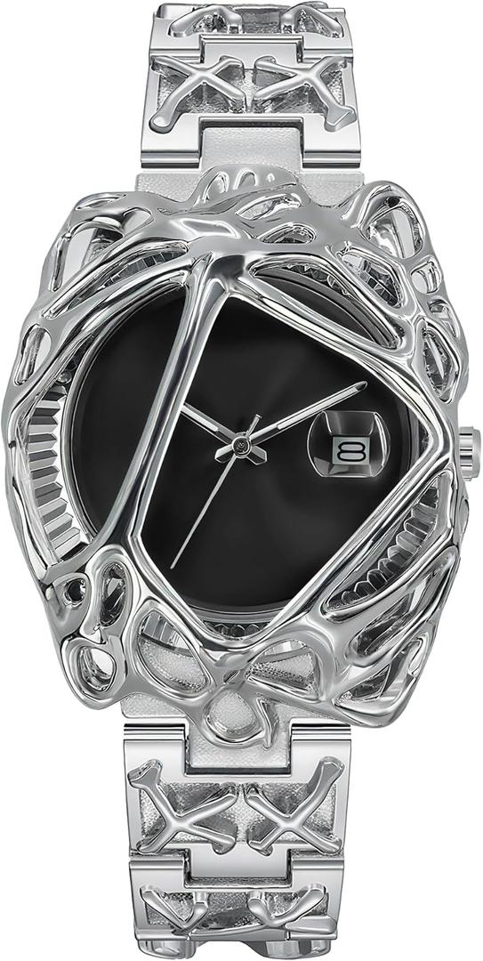 BARAMON Watches for Men Fashion Unique Quartz Watch Hip Hop Rock Punk Wrist Watch Casual Cool Wristwatches Stainless Steel Waterproof Men's Watch for Gift (Black)