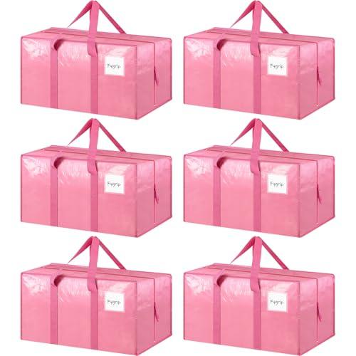 6 Pack Extra Heavy Duty Large Moving Bags with Strong Zipper & Comfortable Handles, Sturdy & Durable Clothes Storage Bags Totes Bins, Packing Moving Boxes for College Supplies, Pink