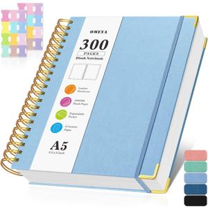 Blank Spiral Notebook: Leather Sketch Book, 300 Pages Hardcover Unlined Notebook for Women Men,100GSM Thick No Bleed Paper Journal, A5 Small Art Sketchbook for Drawing Writing, 5.5" x 8", Light Blue