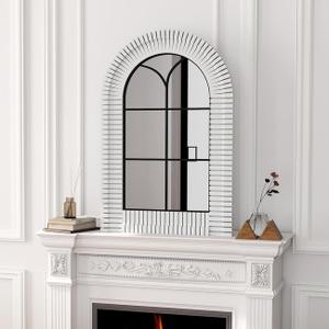 36x24 inches Wooden White Arch Window Mirror with Grid Frame, Decorative Arched Vanity Wall Mirrors for Bedroom Dresser, Bathroom, Living Room, or Entryway Decor