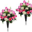 Lodou Set of 2 Artificial Cemetery Flowers, Memorial Flowers Bouquet,Grave Memorial Flowers with Vase for Cemetery Headstones Decoration (Pink White)