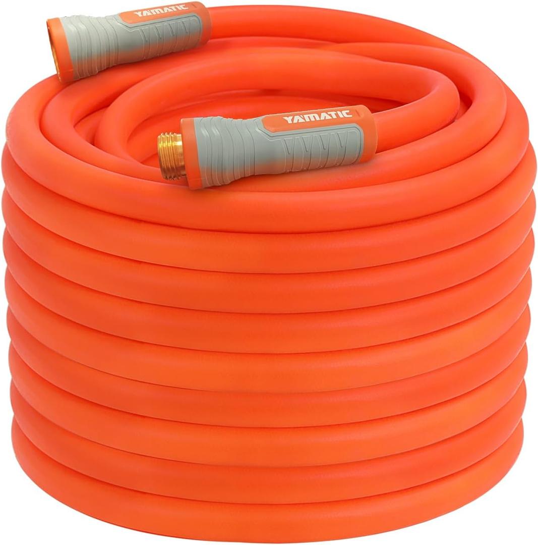 YAMATIC Heavy Duty Garden Hose 5/8 in x 100 ft, Super Flexible Lightweight Water Hose, 360 Rotating Connector, 600 PSI Burst, Solid Brass 3/4" GHT Fittings, All-Weather