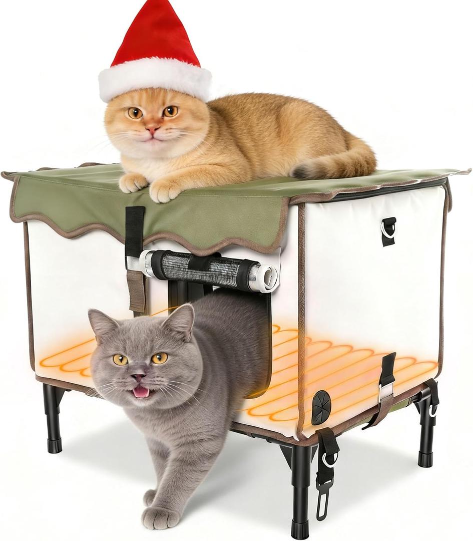 BNZ Indestructible Heated Cat House for Outside Winter, Weatherproof, Safe Escape Door, Insulated Outdoor Cat Shelter with Heater for Feral Barn Cat Kitty(21''x15''x13'')
