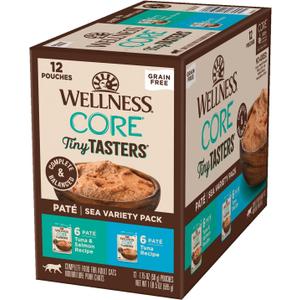 Wellness CORE Tiny Tasters Pate Adult Wet Cat Food, Natural, Protein-Rich, Grain Free, 1.75-Ounce Pouch, 12 Pack, (Seafood Variety Pack)