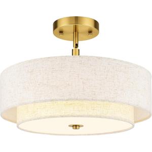 AUTELO 18" Semi Flush Mount Ceiling Light, 3-Light Farmhouse Ceiling Light in Brushed Gold Finish with Drum Fabric Shade, Gold Light Fixtures Ceiling Mount for Hallway Bedroom Kitchen, C2506 BG-18