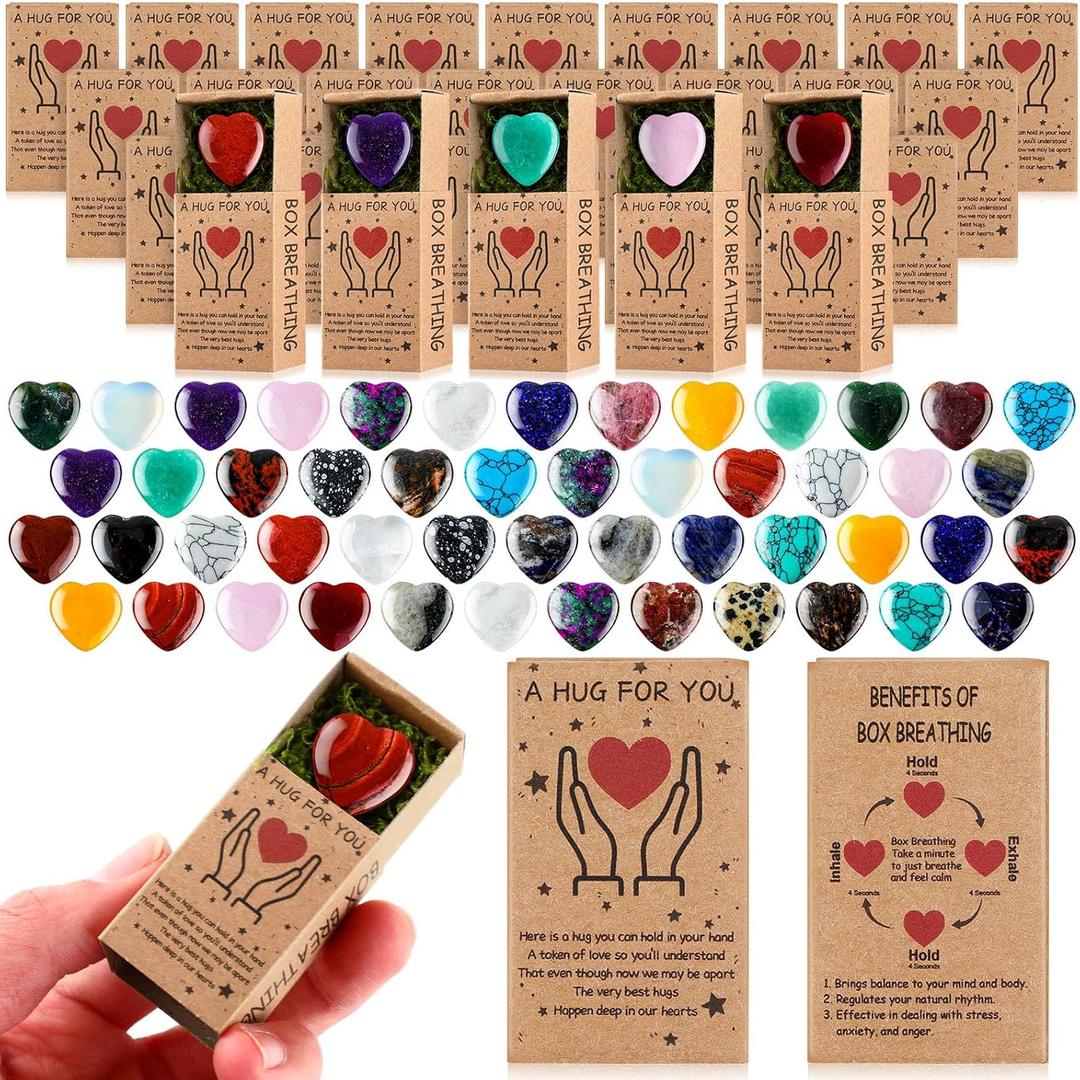 50 Sets Pocket Hug Token Gifts Small Crystal Heart Stones Bulk with Boxes Mini Heart Shape Natural Stones for Colleagues Family Distance Social Celebration of Life Gifts(Classic)