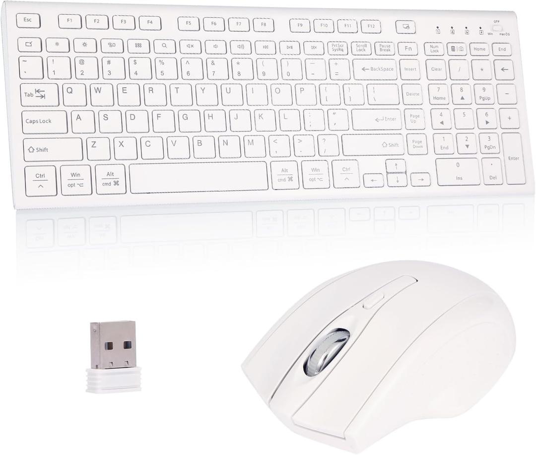 Wireless Keyboard and Mouse Set, 2.4G USB Silent Ultra-Thin Compact Full-Size Keyboard, Compatible with PC, Windows, Mac, MacBook (White)
