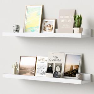 Floating Shelves for Wall, 24 inch Solid Wood Picture Ledge Shelf, Picture Shelf for Wall with Ledge, Floating Book Shelves for Living Room Bedroom Kitchen Nursery Decor, White, Set of 2