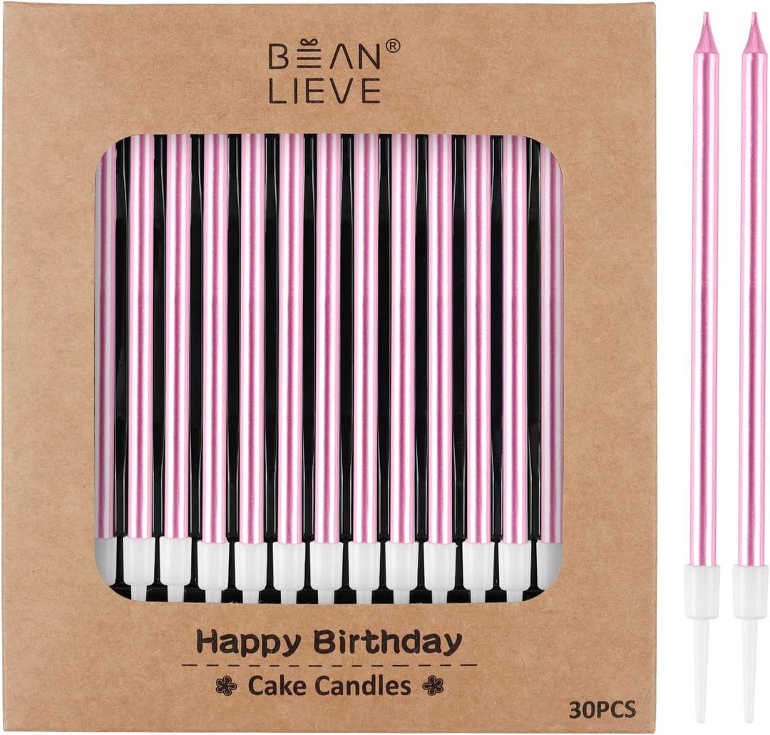BEAN LIEVE 30-Count Rose Gold Long Thin Metallic Birthday Candles, Cake Candles, Birthday Parties, Wedding Decorations, Party Candles, Cake Decorations