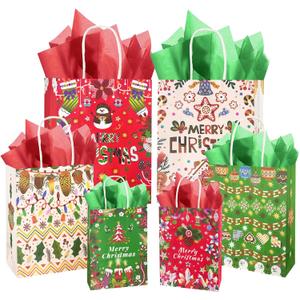 qiqee Christmas Paper Gift Bags with Tissue Paper Handles Assorted Sizes 30PCS (Large 12", Medium 11", Small 8"60pcs Tissue Paper) (Christmas Red, Green & White)