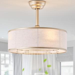 20" Gold Caged Boho Fandelier Ceiling Fan with Light & Remote Control - Bladeless Chandelier Fan, 6 Speed Quiet Reversible Motor for Bedroom, Nursery, Living Room