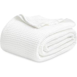 Bedsure 100% Cotton Blanket Queen Size for Bed - Breathable and Soft, Waffle Weave Blanket for Summer Spring, White, 90x90 Inches
