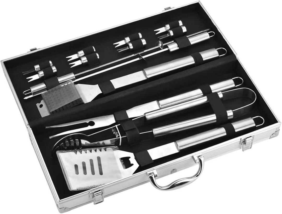1Set BBQ Tool Set with Ergonomic Handle Food Grade Resistant Outdoor Barbecue Tools for Home BBQ Tools Kit (Silver)