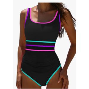popvil Women's One Piece Swimsuits 2025 Tummy Control Bathing Suit Beach Outfit Sexy Neon 1 Piece Sport Swim Suits,Stripe2,Large