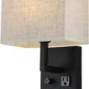 Bedside Wall Mount Light with Outlet and Dimmable Switch, Black Fabric Shade Wall Sconce Light with USB Port and Plug in Cord, Perfect for Bedroom, Living Room and Hotel