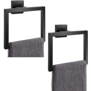 2-Pieces Matte Black Towel Ring,Modern Square Hand Towel Holder, Bathroom Hardware Accessories, Stainless Steel Towel Hanger Wall Mount