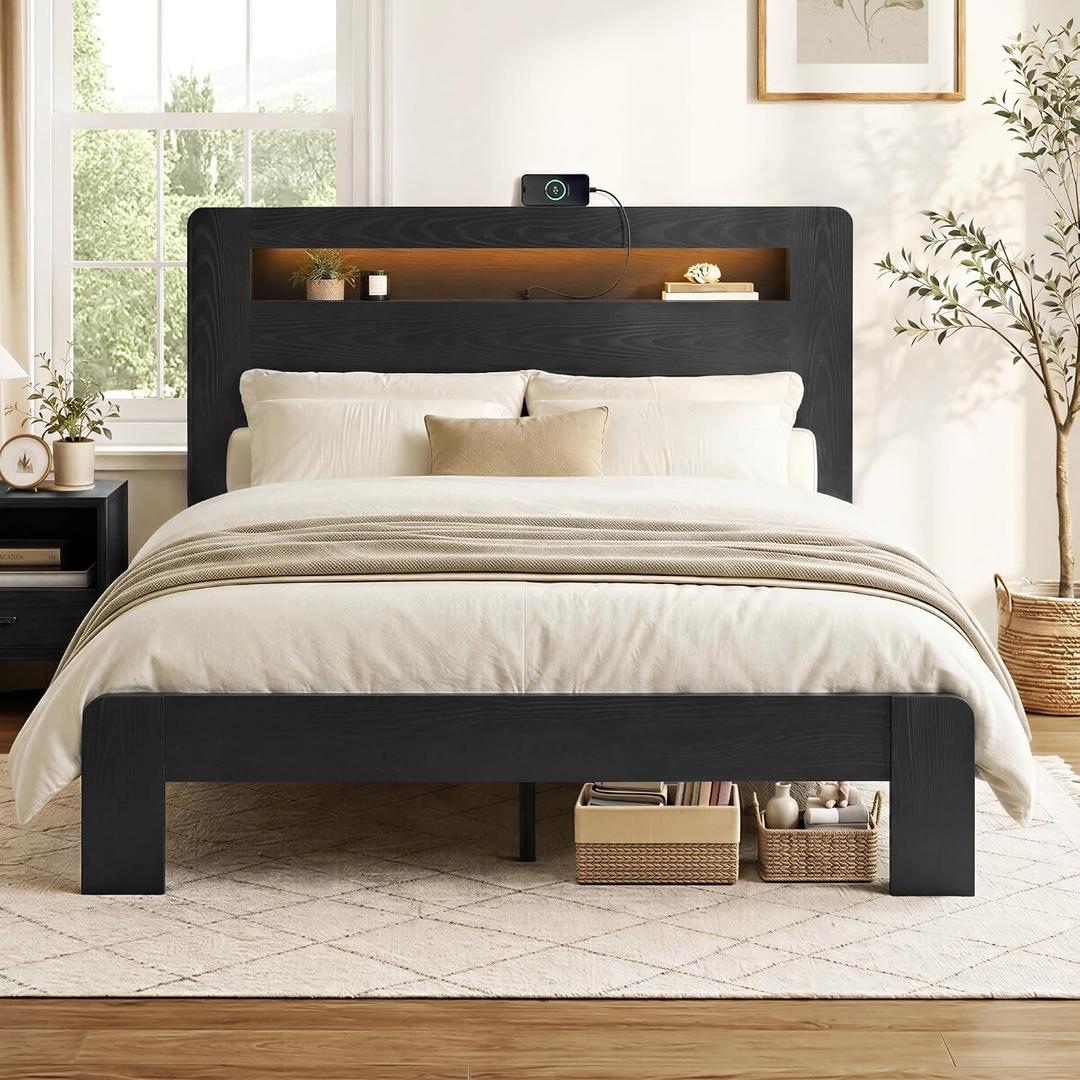 KISLOT Farmhouse Bed Frame with LED Lights and Storage, Black, Queen