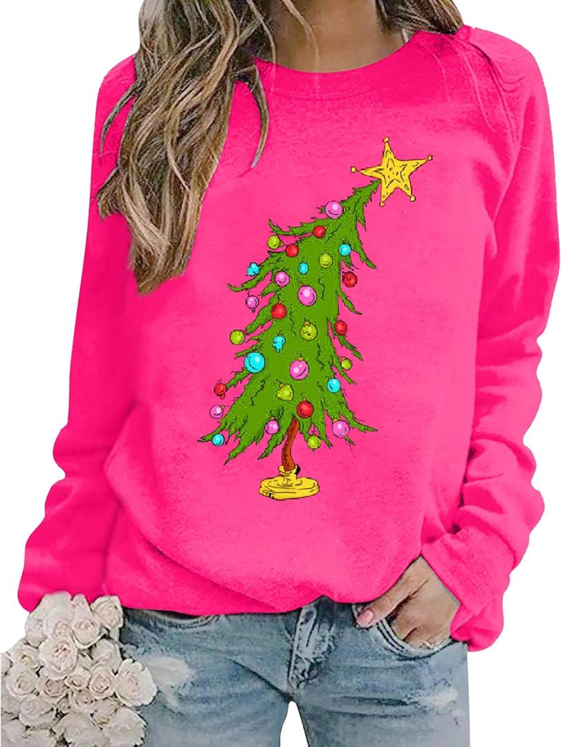 Christmas Sweatshirts for Women Cute Christmas Tree Graphic Long Sleeve Shirt Xmas Holiday Party Pullover Blouse (XX-Large, Rose)
