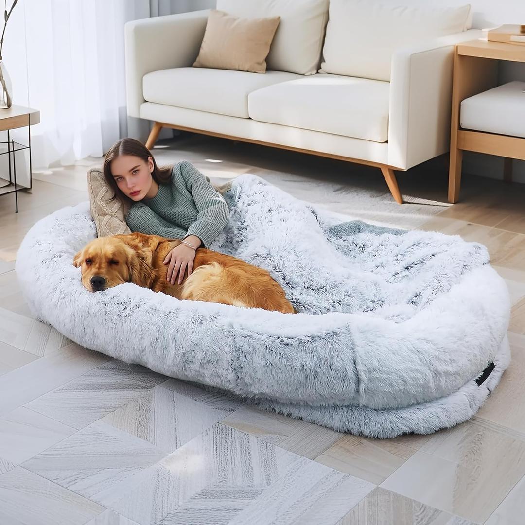 Human Dog Bed, 71''x45''x12'' Size Fits Adult and Pet Washable Giant People DogBed 10 CM Thick Memory Foam Large Oversize Dog Bed with Plump Pillow, Blanket, Strap - Grey