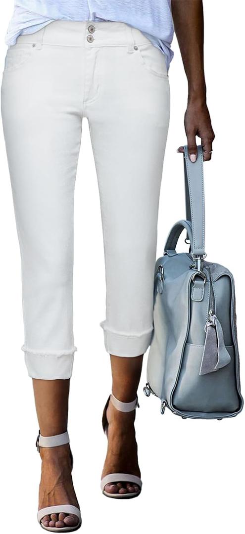 Sidefeel Women's Jeans Capri Pants High Waisted Roll-up Cuffed Summer Skinny White Capri Jeans Size 14