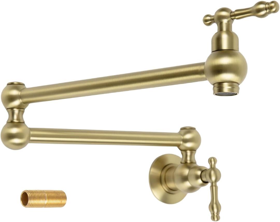 23" Brass Pot Filler Faucet Brushed Gold, Wall Mount Over Stove Water Faucet, Antique 2 Handles Folding Stretchable Pot Filler