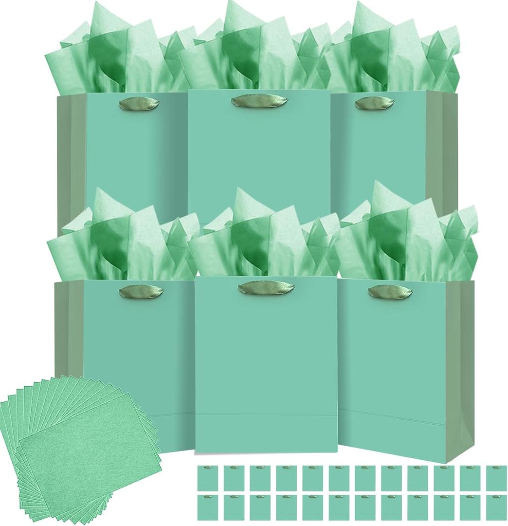 qiqee 24pcs Bean Green Gift Bags with Tissue Paper for Wedding, Birthday, Party Supplies-7.9"x4.3"x9.6" Medium Size Cardboard Gift Bags24pcs Bags + Tissue Paper