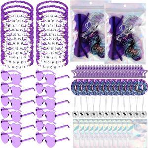 Landical 96 Pcs/ 12 Sets Kpop Party Favors Popular Singer Gifts Friendship Bracelets Scrunchies Heart Sunglasses Disco Ball Necklaces Hair Clips Bags for Y2k Kpop Fans Women Birthday (Purple)