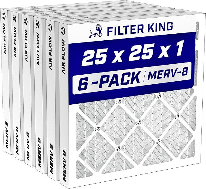 Filter King 25x25x1 Air Filter MERV 8, AC Furnace Filters (6-Pack)
Dust & Allergy Control (Actual Size: 24.5 x 24.5 x .75)