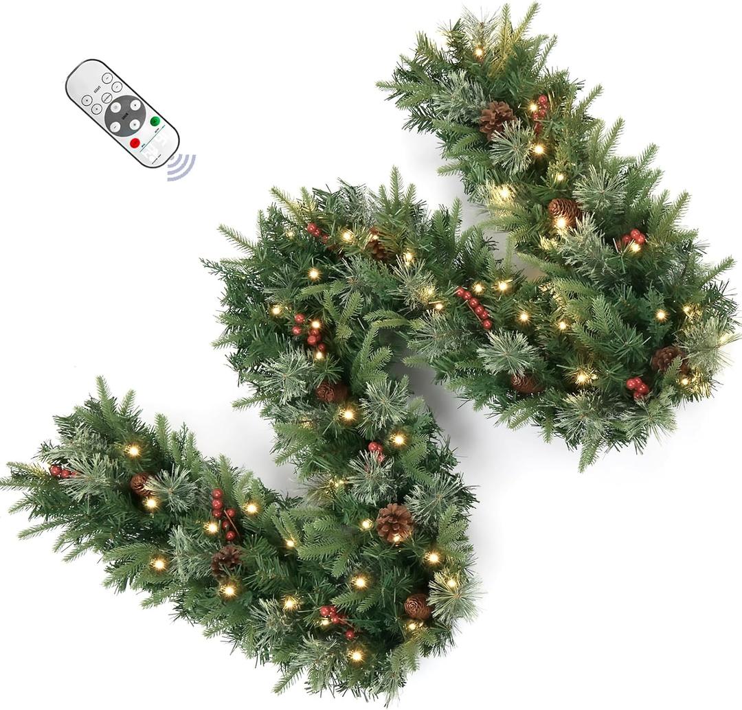 9FT Pre-Lit Artificial Christmas Garland with Dual Color LED Lights and Timer by Remote Control and Batteries Operated, Holiday Decorations, for Indoor Door Home Stairs Fireplaces Wall (Gren Pine 9FT)