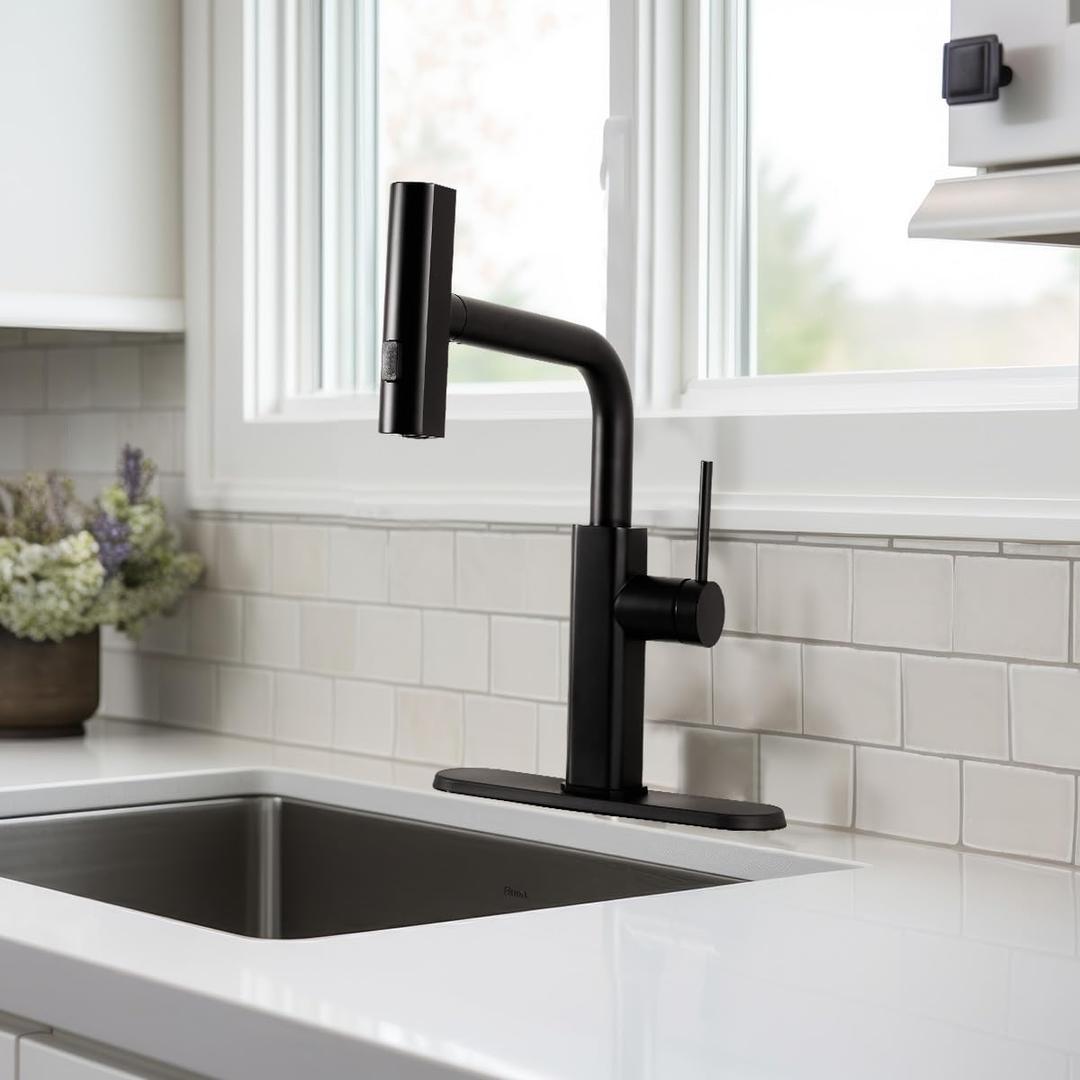 ANDY STAR Black Kitchen Faucet with Pull Down Sprayer, 3 Modes Function Waterfall Kitchen Faucets with 360 Swivel, Stainless Steel Single Handle Modern Rv Kitchen Sink Faucet with CEC Certified