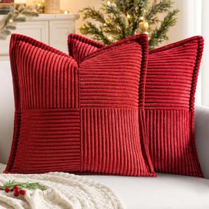 MIULEE Christmas Decorative Throw Pillow Covers for Couch Bed Livingroom 18x18 Inch Set of 2 Red Boho Accent Throw Pllows Broadside Striped Patchwork Soft Corduroy Pillowcases