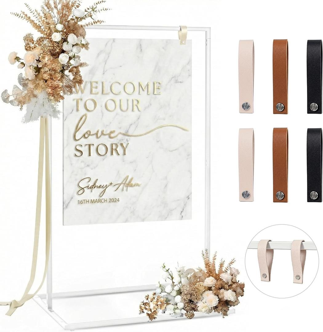 Wedding Welcome Sign Stand, 50" Standard Height - White Metal Sign Holder with 6 Leather Straps, Easel Stand for Seating Charts & Event Décor