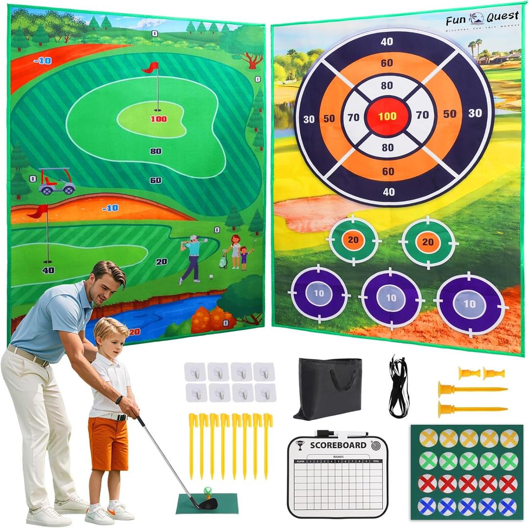 Sticky Golf Game Set  2 Giant 70"x47" Mats for Family Battles, Team Building, Camping & Parties  Includes Sticky Golf Pro Clubs, Sticky Balls & Dart Targets  Indoor/Outdoor Fun