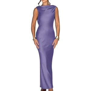 Memoriesea Women's Elegant Sleeveless High Neck Tie Cocktail Wedding Party Maxi Dress, Small, Purple 