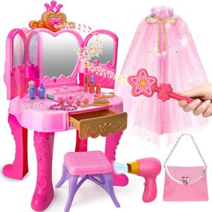 AugToy Toddler Vanity Magic Makeup Set Table and Chair Girl Toy Automatically Mirror with Music Light Pink Toys Girls Hair Salon Pretend Play Princess Dress Up Playset Gift Toddler