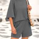 BTFBM Women Summer 2 Piece Outfits 2025 Spring Matching Set Short Sleeve Tops Elastic Waist Shorts Lounge Sets Pocket (Gray, S)