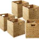 10.5x10.5in Storage Baskets Set of 5 Water Hyacinth Baskets,Foldable Handwoven Storage Cubes,Wicker Cube Baskets Laundry Organizer Totes for Bathroom, Bedroom, Laundry, Pantry, Shelves