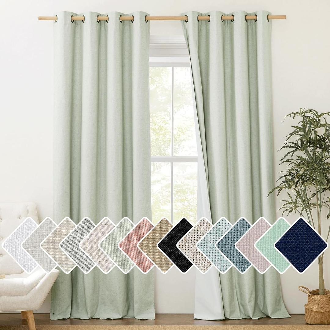 NICETOWN Full Blackout Sage Green Linen Curtains 102 inches Length with Thermal Insulated Liners for Living Room, 2 Panels, 52 inches W, Farmhouse Style Keep Warm Large Window Draperies for Hall